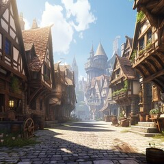 Middle Ages scenery. Medieval fairy tale village. Concept Art for Video Games. Fiction Backdrop. Realistic Illustration. Digital CG Artwork. Industry Scenery