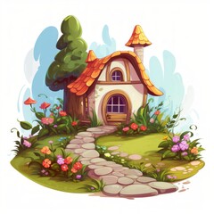 Generative AI A picturesque small house with a colorful flower bed and a winding stone pathway.
