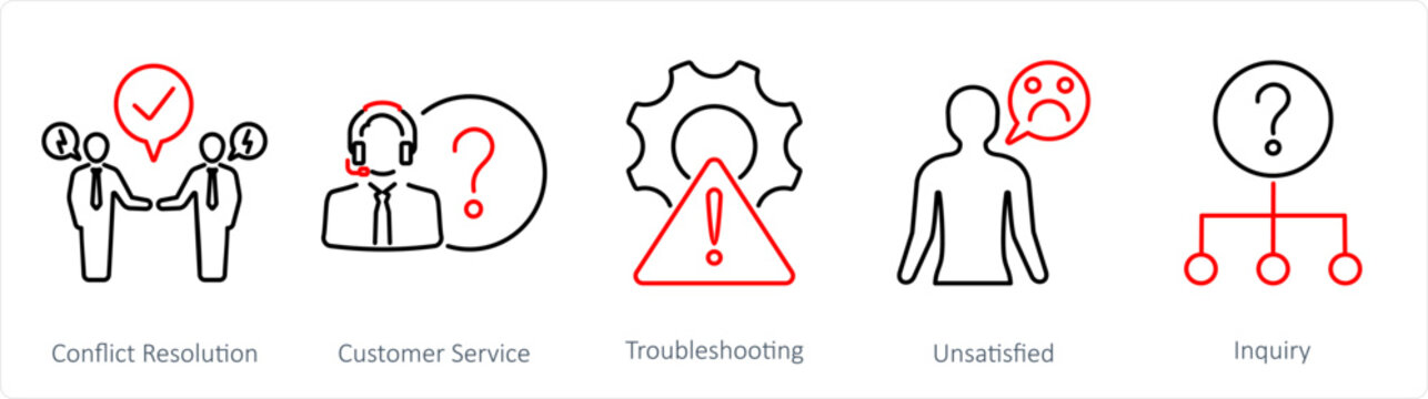 A set of 5 customer service icons as conflict resolutions, customer service, troubleshooting