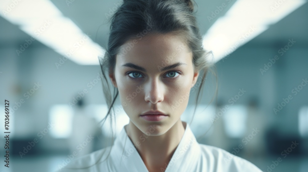 Poster generative ai a scene capturing the concentration and dedication of a girl in a kimono during rigoro