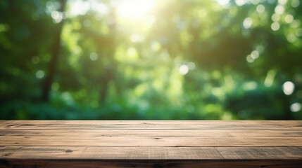 empty wood table top on blurred abstract green from garden with sunlight