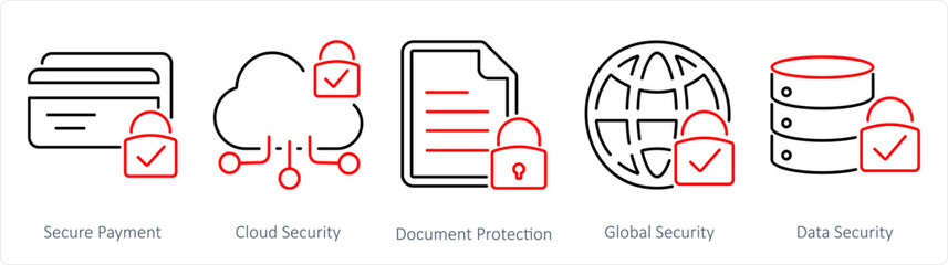 A set of 5 Cyber Security icons as secure payment, cloud security, document protection - obrazy, fototapety, plakaty