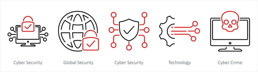 A set of 5 Cyber Security icons as cyber security, global security, technology