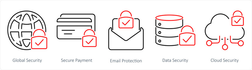 A set of 5 Cyber Security icons as global security, secure payment, email protection