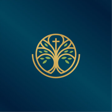 church cross and seed leaf logo design creative idea