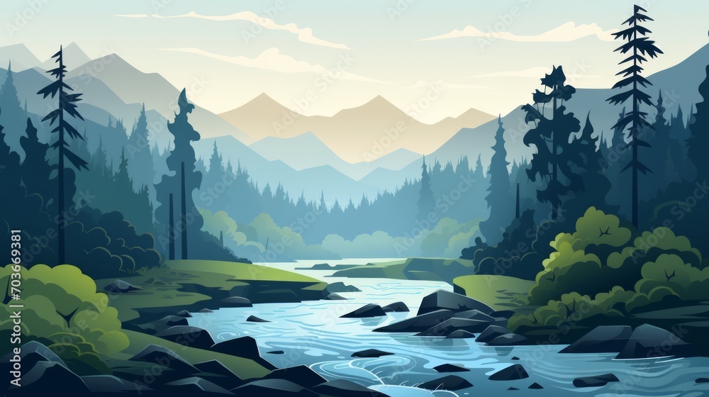 Poster Generative AI A serene river winding through a dense, foggy forest.