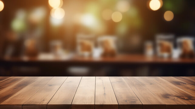 empty wood table with blur cafe or coffee shop background