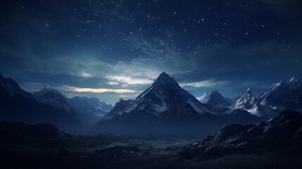 Generative AI A starry night sky over a mountain landscape, where celestial bodies illuminate the peaks and valleys in a celestial glow.