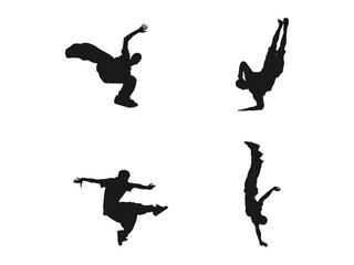 Hip hop, breakdance, house, street dancers silhouette vector. Breakdance Man Silhouette.Silhouette Set of Brake Dancer's Handstands.Dancing street dance silhouettes in urban style on white background.