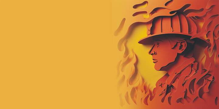 World First Aid Day, World Rescue Day, International Firefighters' Day, Paper Cut Fireman In Front Of Fire Highest Flames With Text Copy Space, National Wild land Firefighter Day,