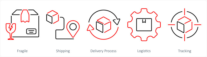 A set of 5 delivery icons as fragile, shipping, delivery process - obrazy, fototapety, plakaty