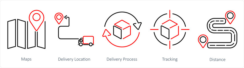 A set of 5 delivery icons as maps, delivery location, delivery process - obrazy, fototapety, plakaty
