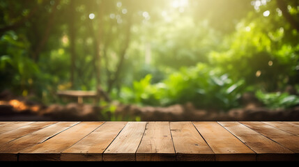 empty wood table with blur montage outdoor garden background with sunlight
