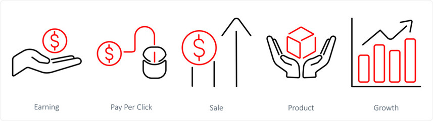 A set of 5 digital marketing icons as earning, pay per click, sale