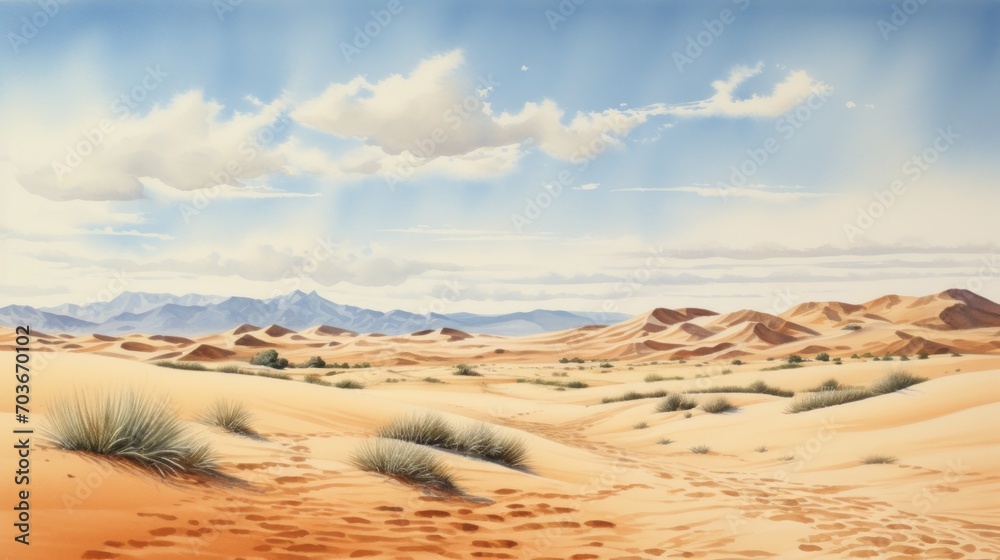Poster generative ai a vast desert with sand dunes and a clear horizon. landscape watercolor