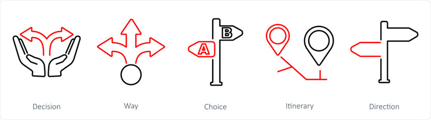 A set of 5 Direction icons as decision, way, choice