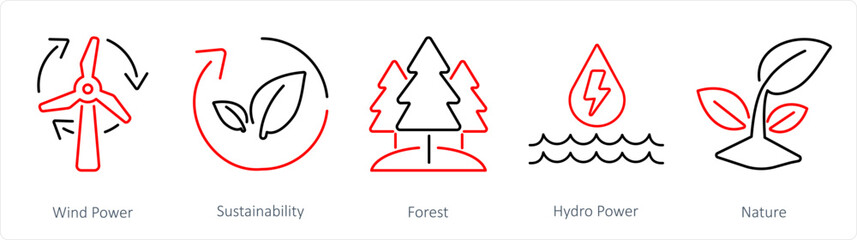 A set of 5 Ecology icons as wind power, sustainability, forest