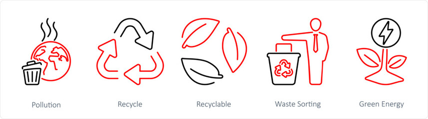 A set of 5 Ecology icons as pollution, recycle, recycable
