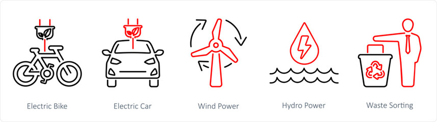 A set of 5 Ecology icons as electric bike, electric car, wind power  