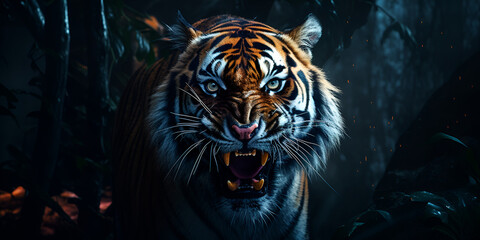 View of angry tiger animal in the wild Roaring Fury: Dramatic Portrait of a Wild Tiger 