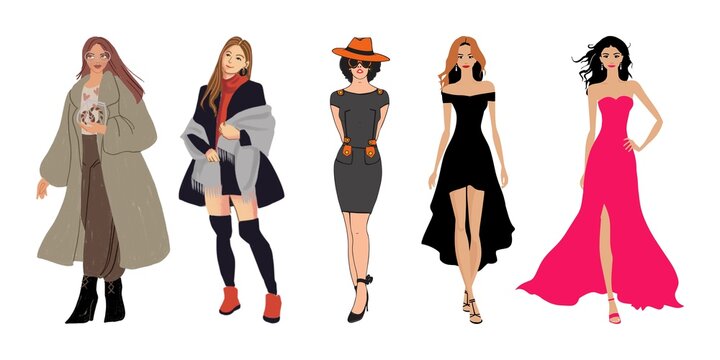 set of women beautiful woman illustration characters fashionable stylish model poses figure body catwalk 