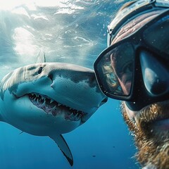 Photograph of a man diver taking a selfie with a shark, underwater. Humorous concept