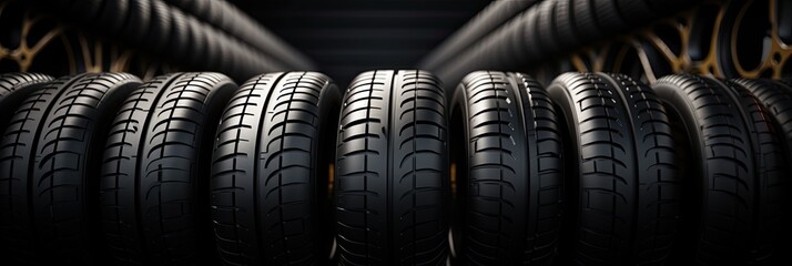 New black tires pile on a dark black background close-up. Tire fitting background with stack of car tires. Copy space. Generative AI