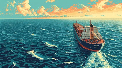 Generative AI Aerial view of a container ship, expansive ocean, calm waters, clear sky, bright and vibrant colors, detailed linework