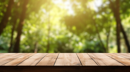 perspective of wooden board empty table blurred background with sunlight
