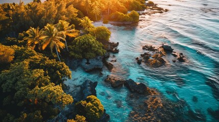Generative AI Aerial view of stunning atolls, warm sunset glow, crystal-clear waters, detailed drone-captured French Polynesia at dusk