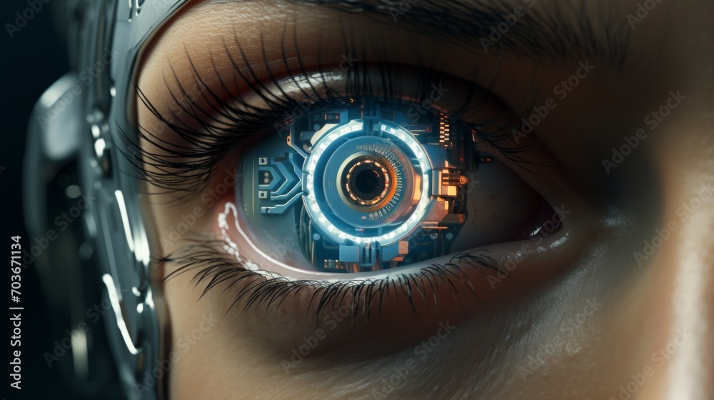 Leinwandbilder Generative AI An artistic portrayal of a person with a bionic eye, highlighting augmented vision and the integration of advanced technological features.