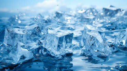 Fototapeta na wymiar Crystal clear ice cubes floating in blue water, ideal for refreshing drink advertisements and high-definition wallpapers. AI Generative