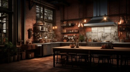 Generative AI An intricately detailed image of a high-end industrial-style kitchen with exposed brick walls and industrial lighting