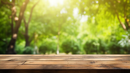 wooden desk and blurred green nature in garden background