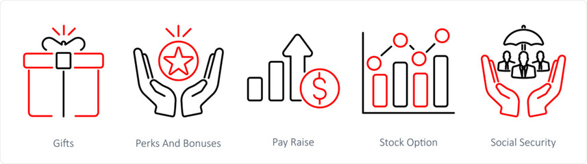 A set of 5 Employee Benefits icons as gifts, perks and bounses, pay raise