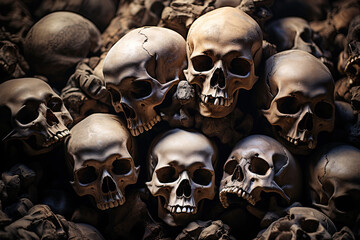pile of death human skulls and bones of dead in ancient crypt grave burial. Skeletons in a dark scary catacombs dungeon