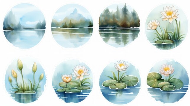 Generative AI Atmospheric watercolor digital stickers showcasing a serene lake scene, incorporating ecological elements like lotus flowers and lily pads in a cottagepunk-inspired design