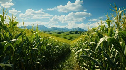 Large corn field, landscape agriculture, sky green field agricultural corn fields, Generative AI