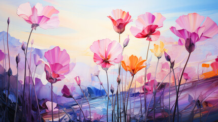 Oil painting of cosmos flowers on canvas. Colorful flower background. - obrazy, fototapety, plakaty