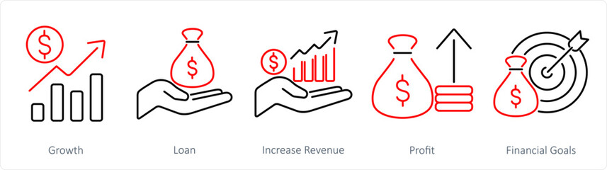 A set of 5 Finance icons as growth, loan, increase revenue
