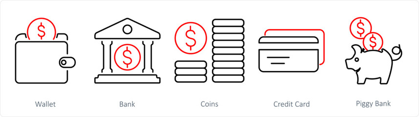 A set of 5 Finance icons as wallet, bank, coins - obrazy, fototapety, plakaty