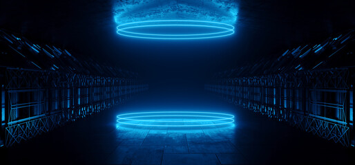 Futuristic Cyber Neon Blue Electric Glowing Laser Stage Circle LIghts On Concrete Grunge Alien Metal Corridor Tunnel Hangar Showroom Dark Garage 3D Rendering