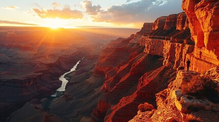 Generative AI Canyon silhouette, drone's vantage, fading sunlight, vastness, detailed and vivid sunset at the Grand Canyon