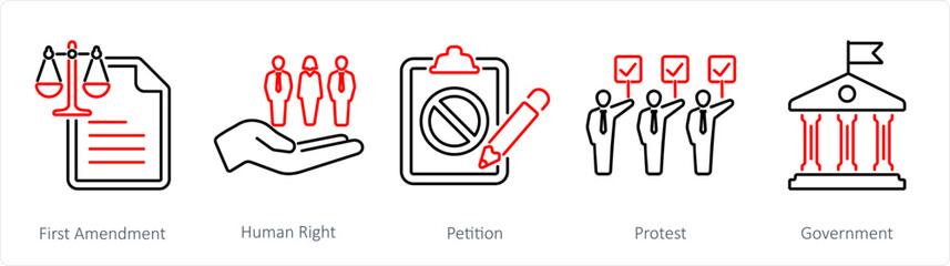 A set of 5 Freedom of Speech icons as first amendment, human right, petition
