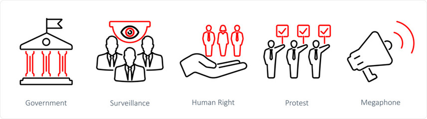 A set of 5 Freedom of Speech icons as government, surveillance, human right