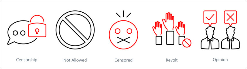 A set of 5 Freedom of Speech icons as censorship, not allowed, censored - obrazy, fototapety, plakaty