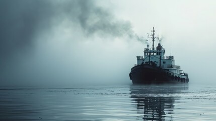Fototapeta premium Generative AI Cargo ship in misty weather, fog surrounding the vessel, detailed and moody photorealistic scene