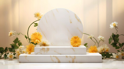 A minimalistic scene of white and gold podium display with natural marigold flower. Showcase for the presentation of natural products and cosmetics