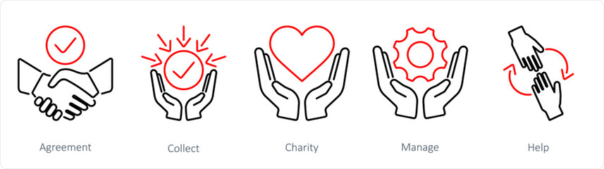 A set of 5 Hands icons as agreement, collect, charity