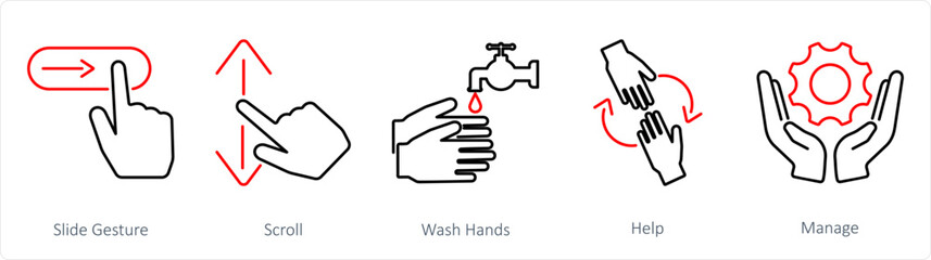 A set of 5 Hands icons as slide gestures, scroll, wash hands